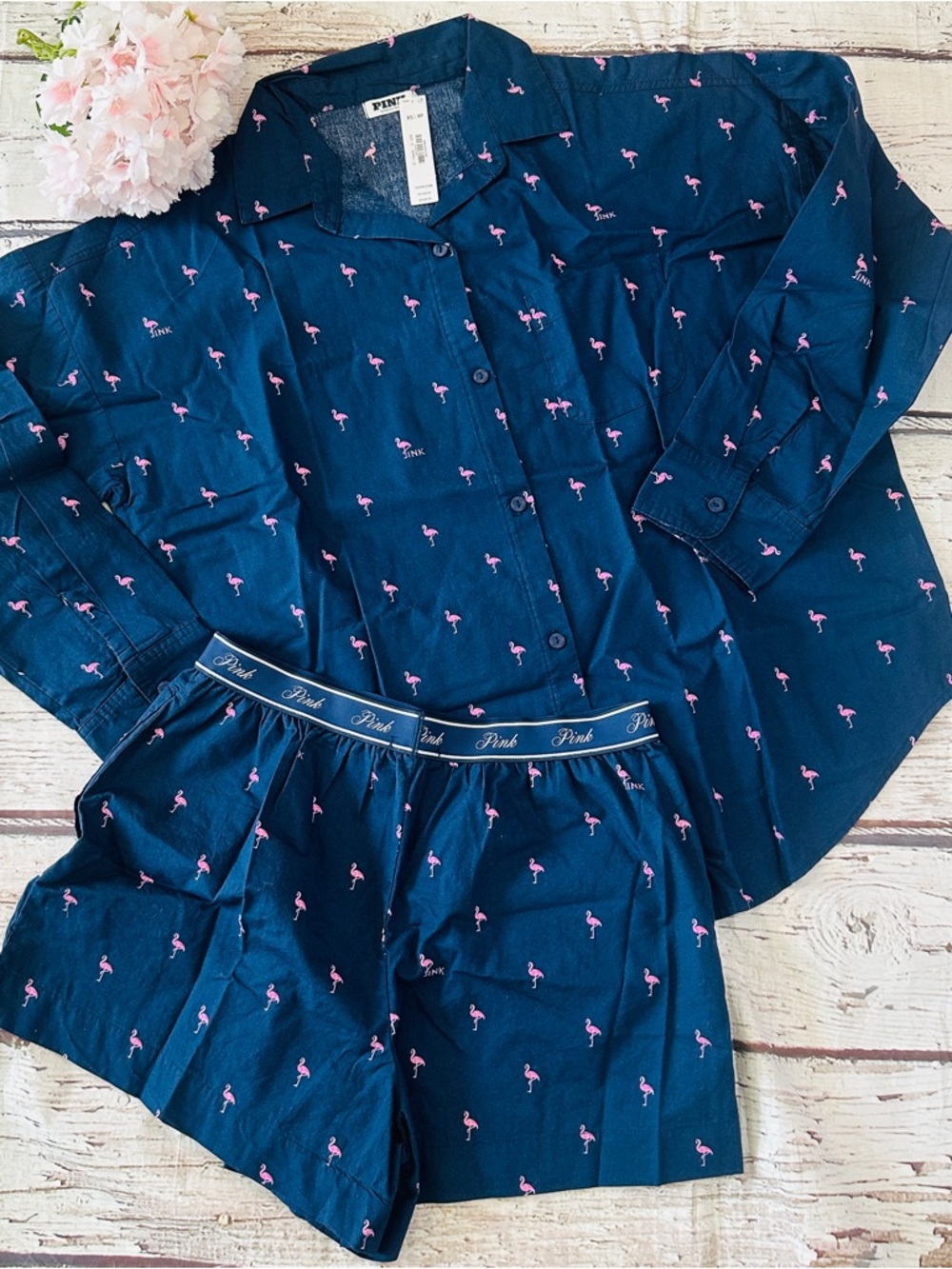 Pink Victoria’s Secret Navy And Pink Flamingo Print Pajama Set - Picture 2 of 6